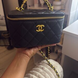 CHANEL Black Quilted Mini Vanity Bag with Gold Chain Handle